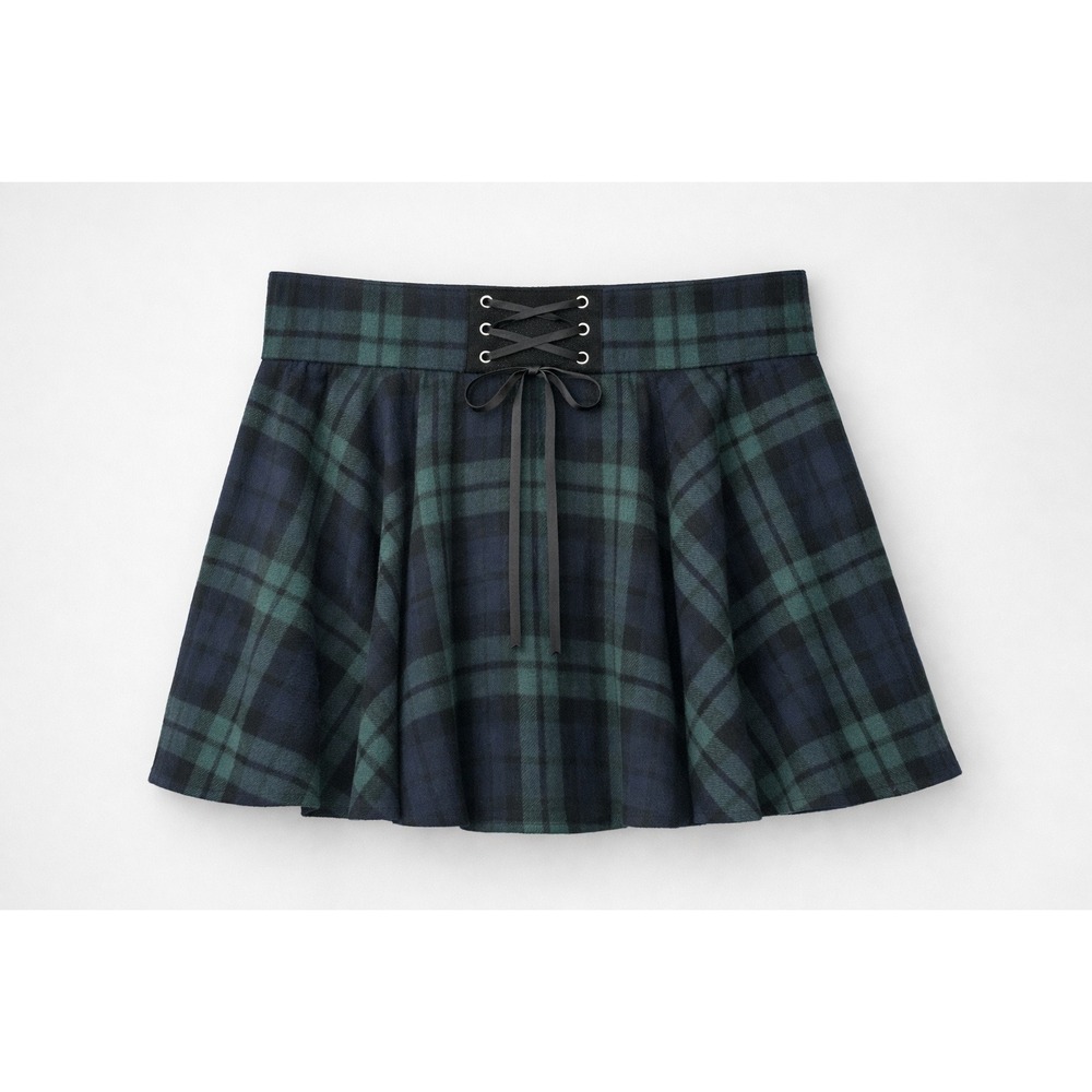 Plaid‎ Pleated Skirt Lace Up Green Navy Tartan Vintage Y2K Goth Schoolcore XXL
